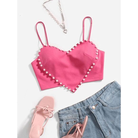 💗 Barbie Pink Cute Heart Shaped Crop Top Pearls Trim NEW WITH TAGS - Picture 5 of 16